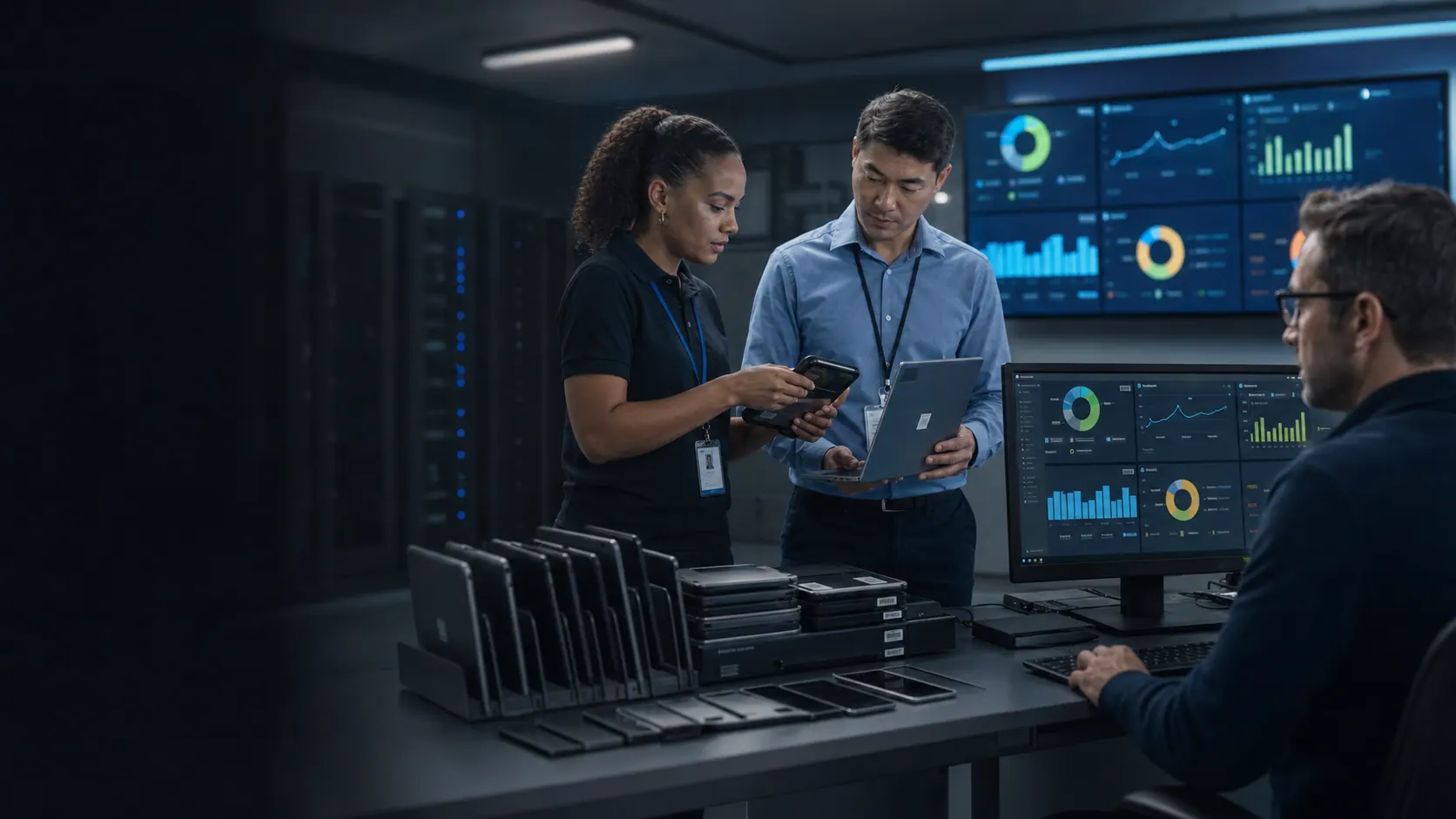 IT asset team scanning devices and reviewing inventory, lifecycle, and license dashboards.