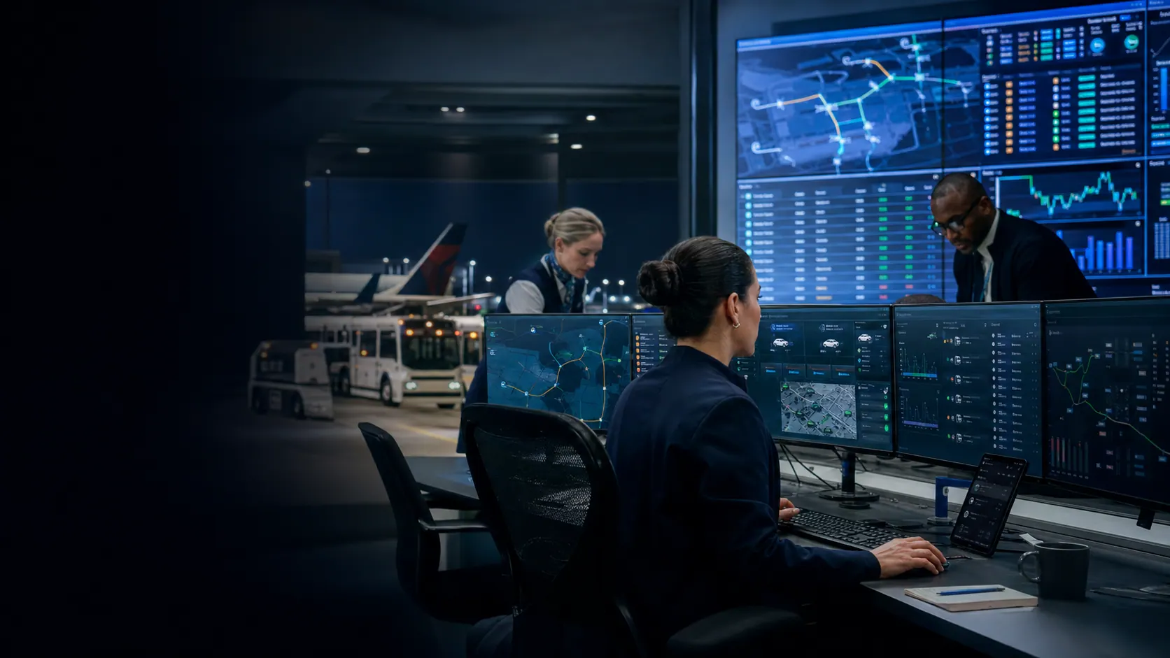 Airport transport coordinators monitoring crew bookings, vehicle routes, and fleet operations.