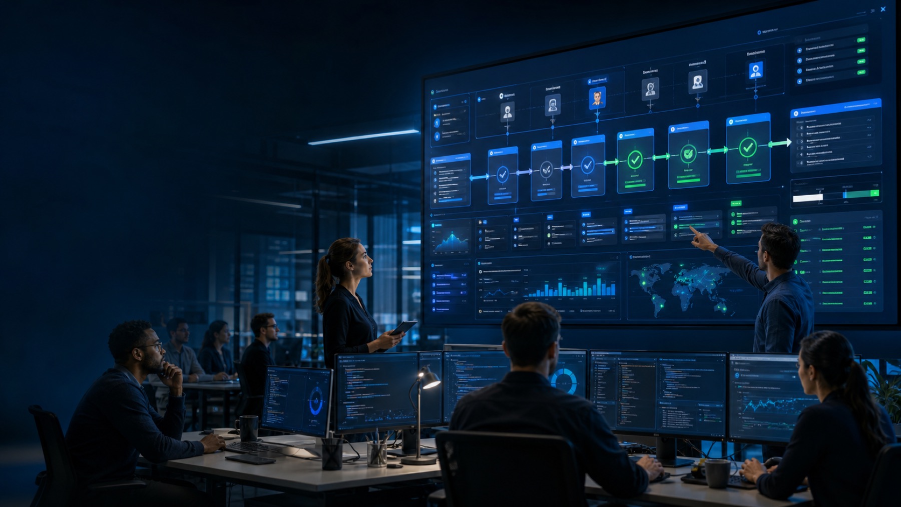 Enterprise software engineering command center with governed AI workflows, approval gates, delivery pipelines, and production operations dashboards.