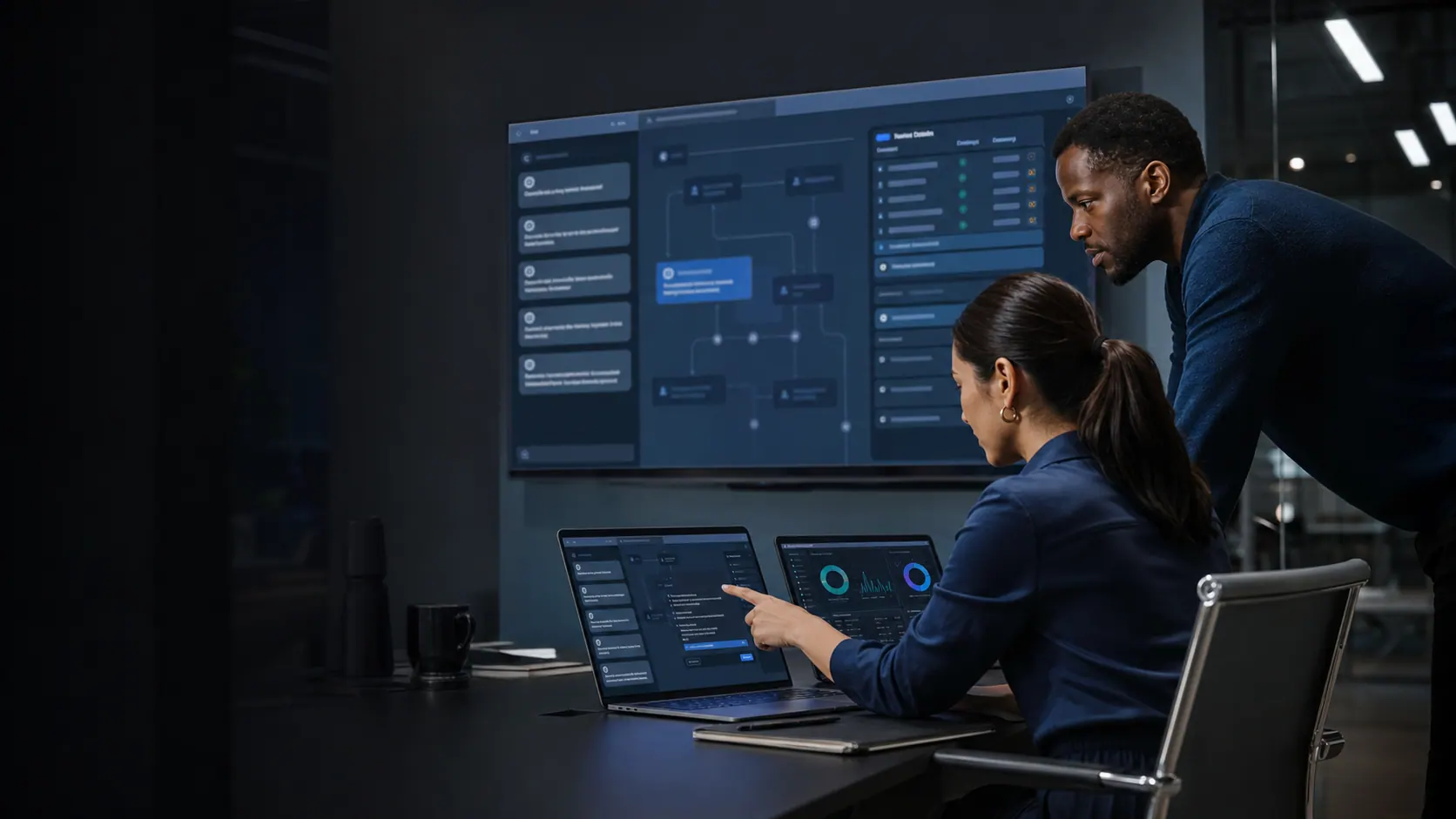 Business operations team reviewing AI agent tasks, workflow automation, and human handoffs.